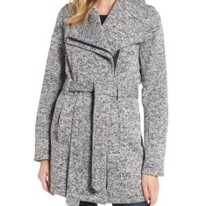 Steve Madden Black & White Salt & Pepper Heathered Belted Coat SZ Medium